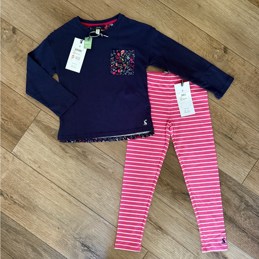 Joules Blue Top with Floral Pocket & Coordinating Striped Leggings - Size 5Y